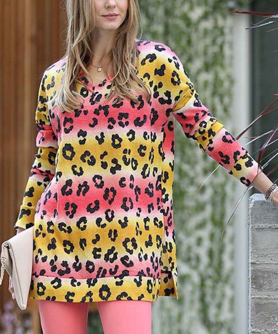 Other * | Deals 42Pops Coral & Mustard Ombre Leopard Jacquard V-Neck Long-Sleeve Tunic Women