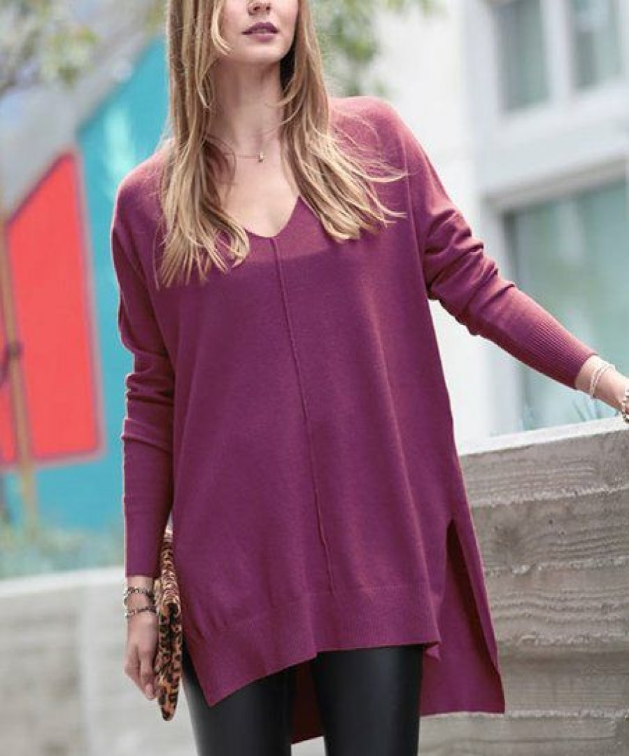 Women * | Outlet 42Pops Eggplant Front-Seam V-Neck Side-Slit Hi-Low Sweater Women