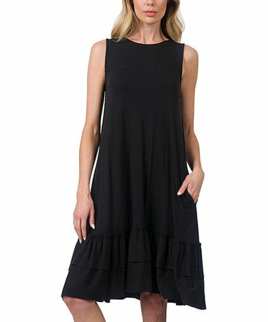 Women * | Best Deal 42Pops Black Ruffle-Hem Pocket Sleeveless Dress Women