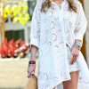 Women * | Wholesale 42Pops Off-White Eyelet Three-Quarter Sleeve Hi-Low Button-Up Women