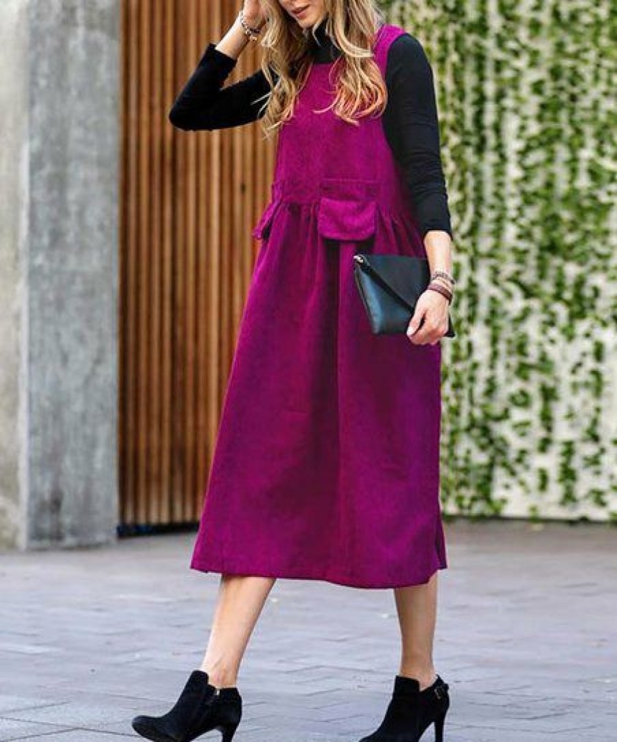 Women * | Wholesale 42Pops Magenta Corduroy Sleeveless Midi Dress Women