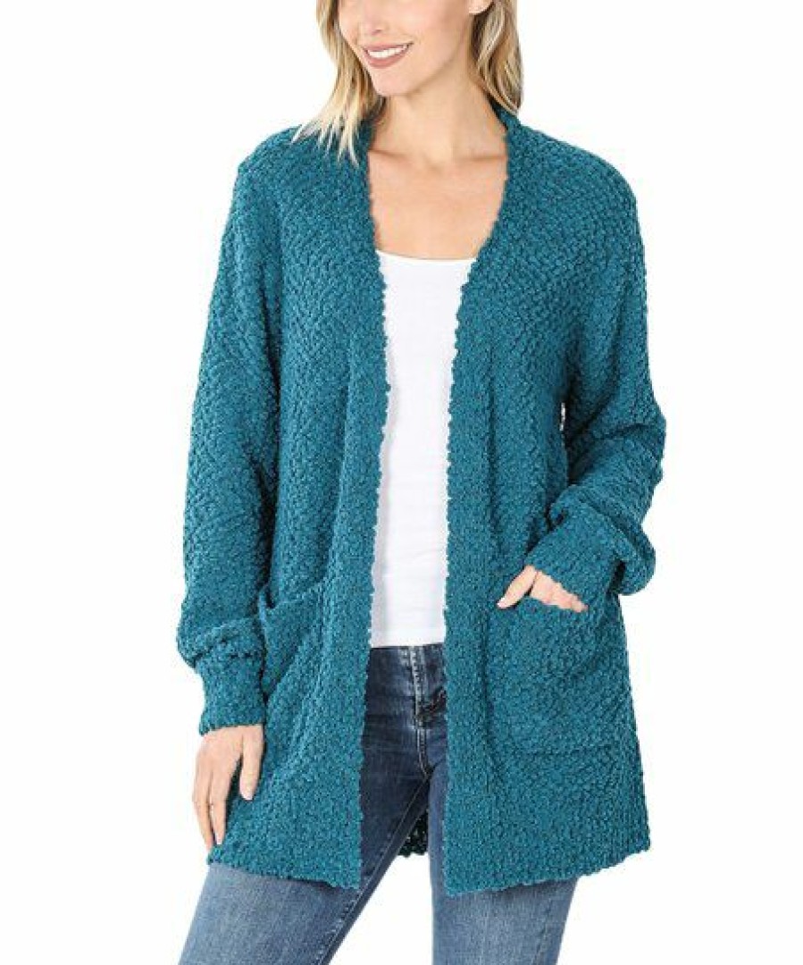 Women * | Wholesale 42Pops Teal Popcorn Bishop-Sleeve Open Pocket Cardigan Women