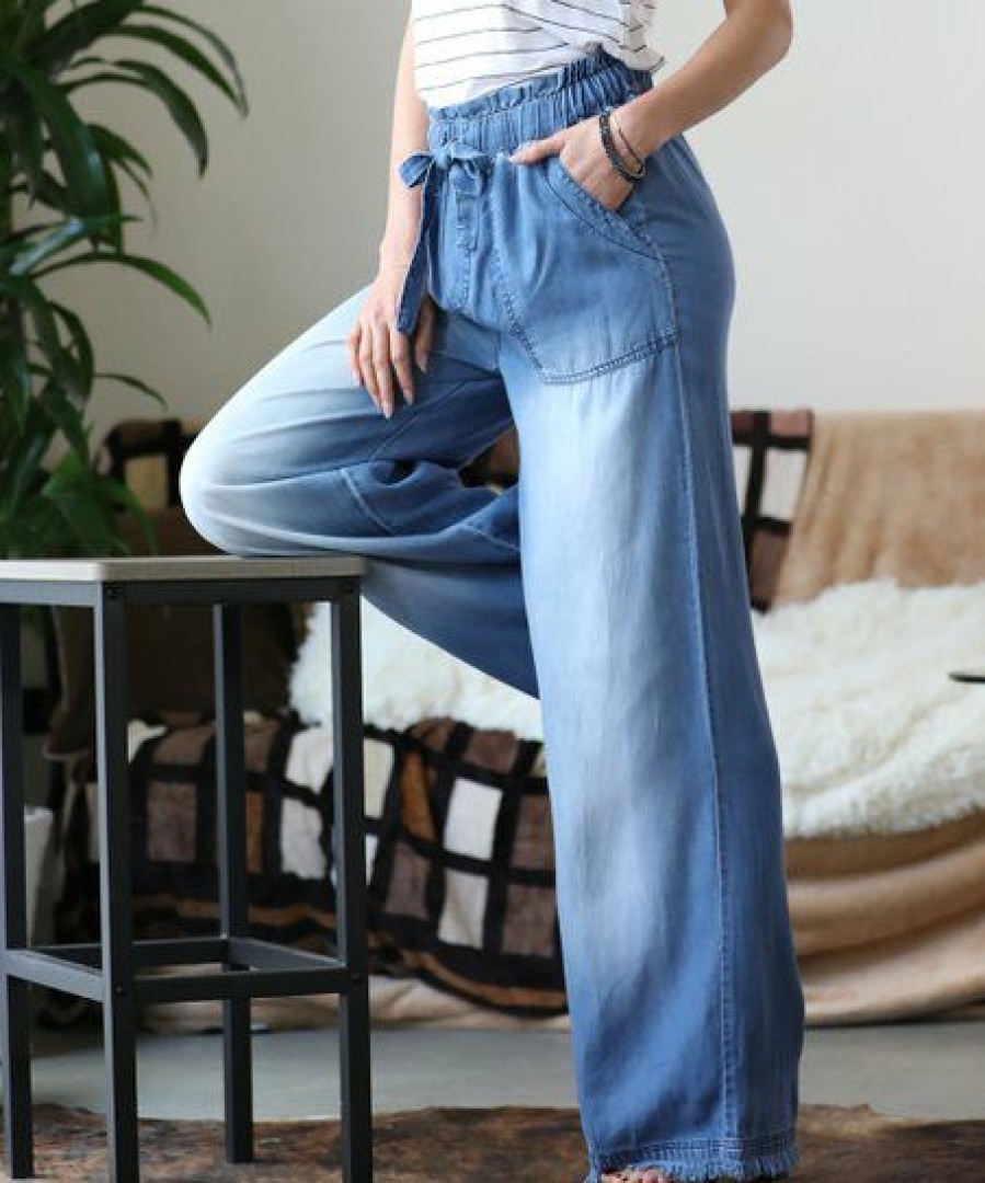 Women * | Coupon 42Pops Medium Blue Chambray Tie-Waist Frayed-Hem Wide-Leg Paper Bag Pants Women