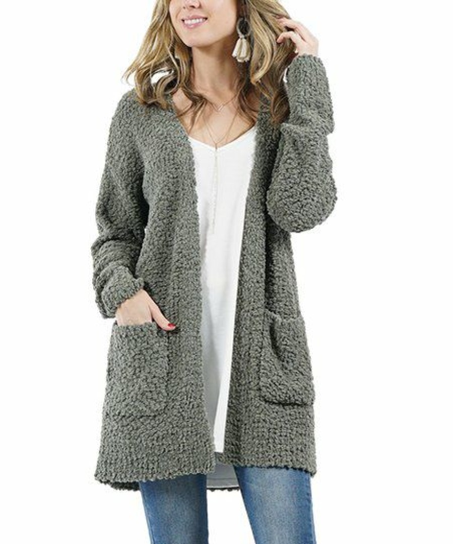 Women * | Outlet 42Pops Light Olive Popcorn Pocket Open Cardigan Women