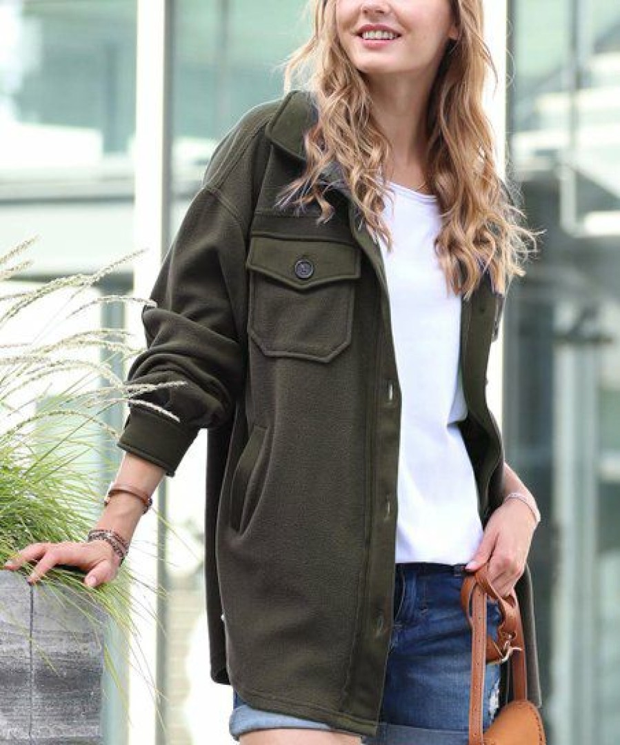 Women * | Wholesale 42Pops Dark Olive Elbow-Patch Pocket Oversize Shacket Women