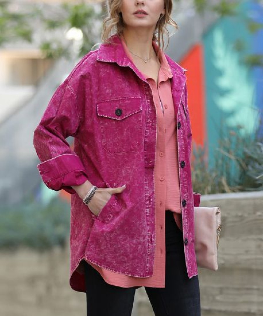 Women * | Best Pirce 42Pops Magenta Vintage-Wash Oversize Shacket Women