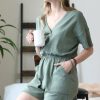 Women * | Wholesale 42Pops Light Olive Drop Shoulder Elastic-Waist V-Neck Pocket Romper Women