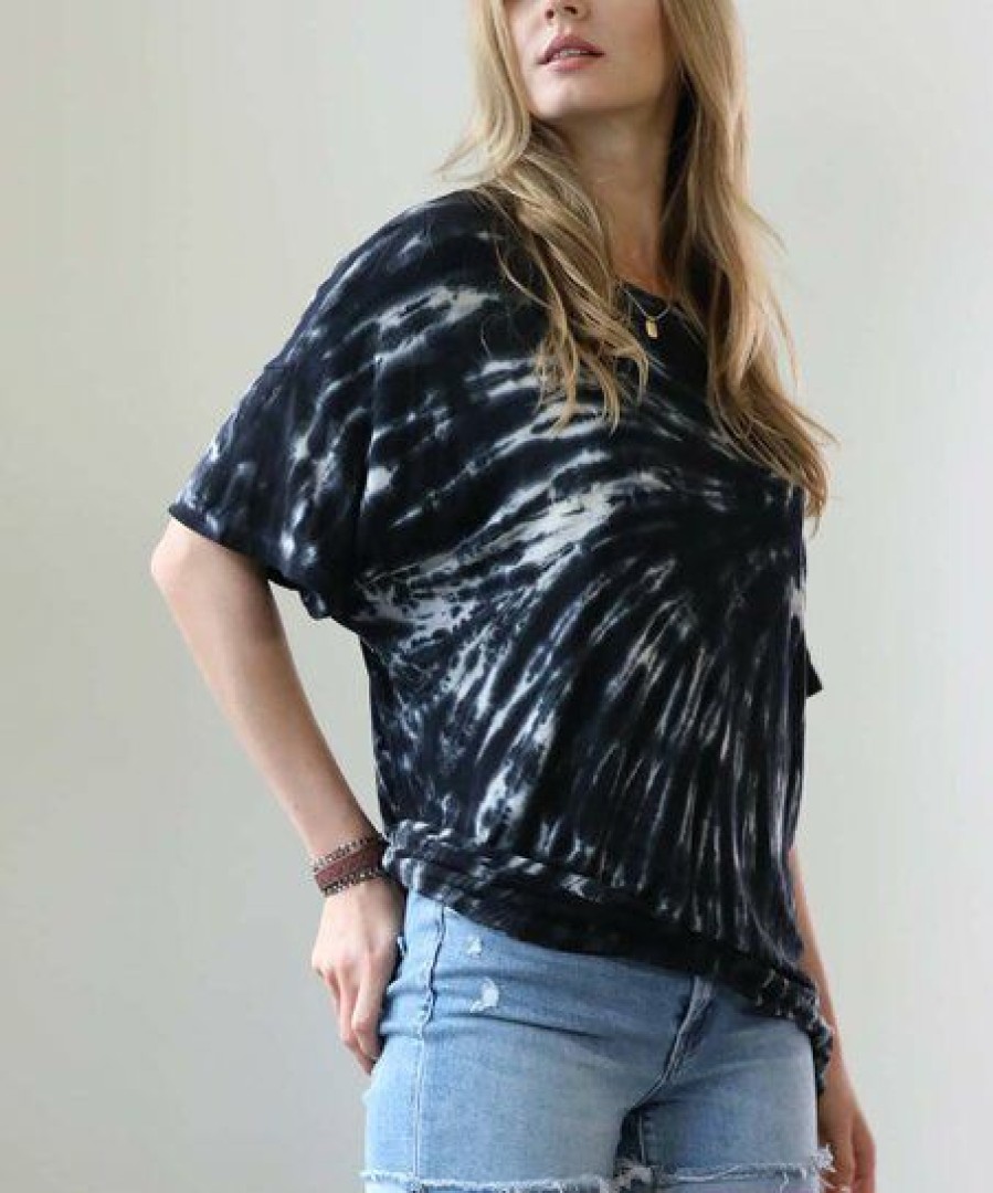 Other * | Brand New 42Pops Black Tie-Dye Drop-Shoulder Oversize Longline Tee Women