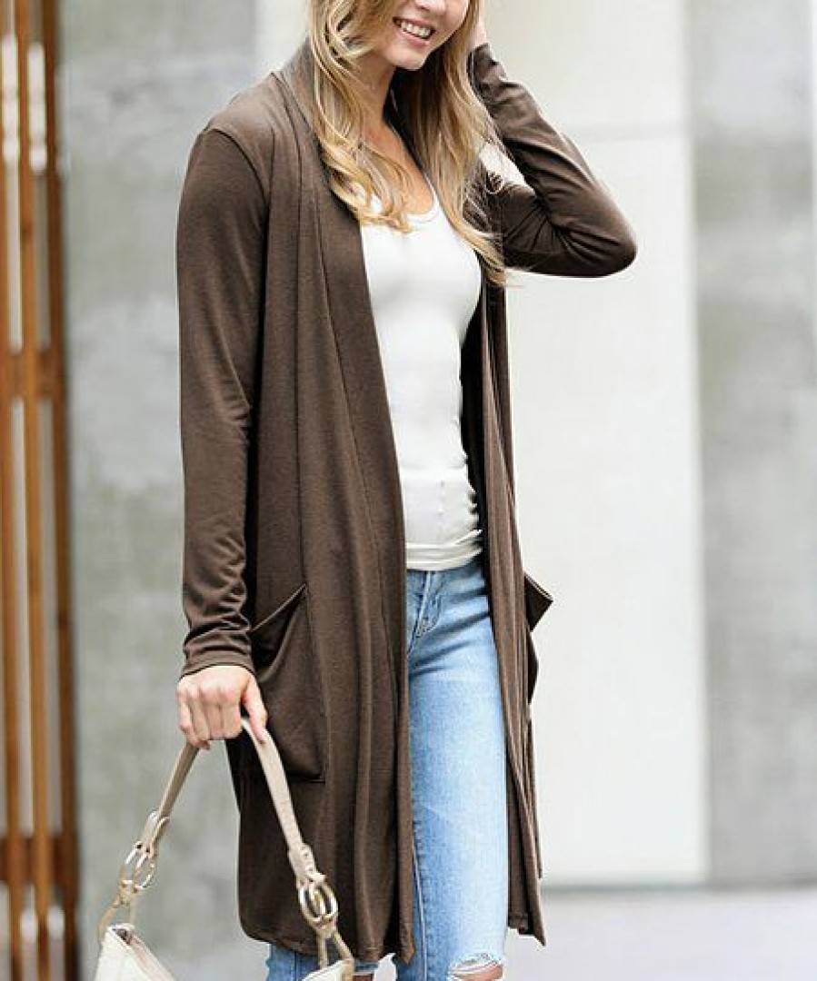 Women * | Cheap 42Pops Brown Slouchy Long-Sleeve Pocket Open Cardigan Women