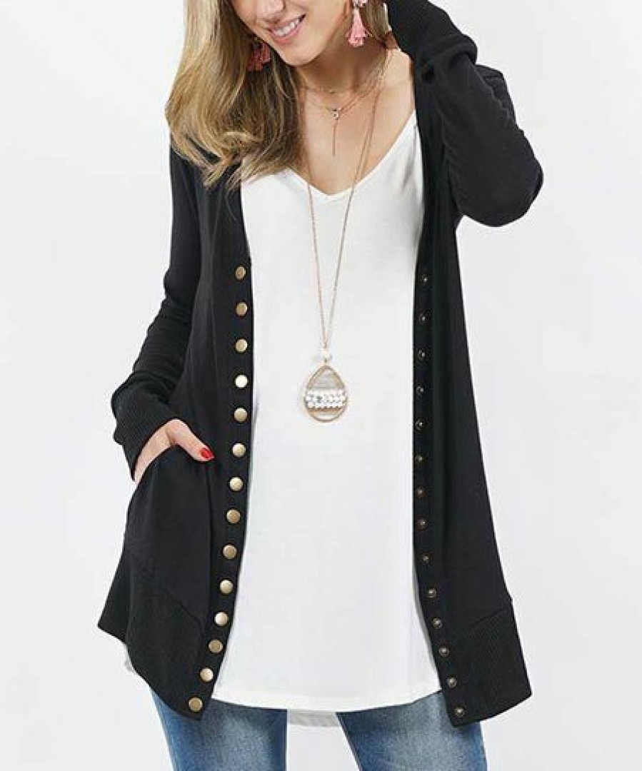 Women * | Hot Sale 42Pops Black Snap-Button Open Pocket Cardigan Women