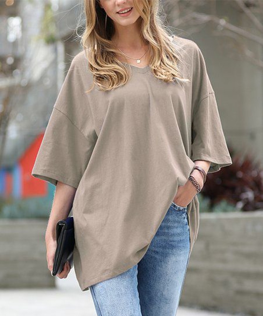 Women * | Hot Sale 42Pops Ash Mocha Oversize Drop-Shoulder Longline Boyfriend V-Neck Tee Women