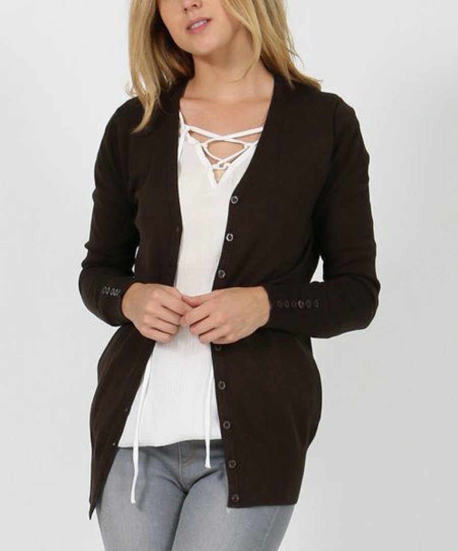 Women * | Flash Sale 42Pops Dark Olive Button-Accent Ribbed-Cuff Cardigan Women