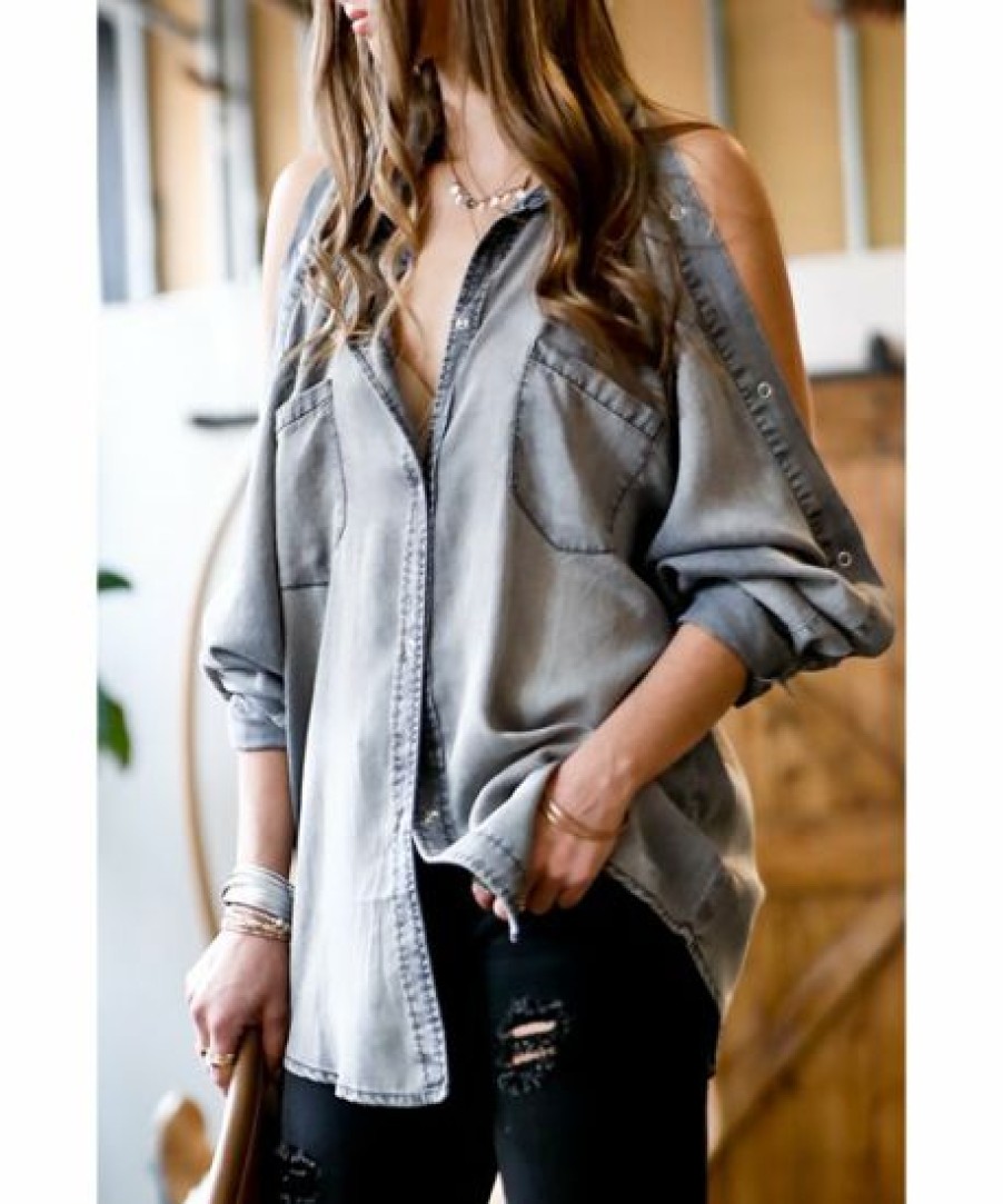 Women * | Budget 42Pops Denim Gray Washed-Out Grommet Cutout-Shoulder Pocket Button-Up Women