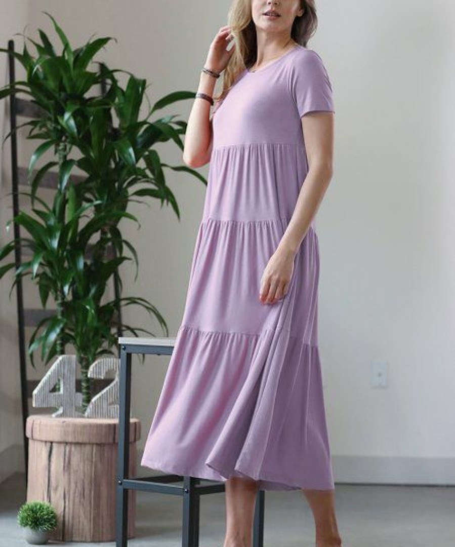 Women * | Flash Sale 42Pops Dusty Lavender Tiered Short-Sleeve Midi Dress Women