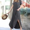 Women * | Outlet 42Pops Ash Gray V-Neck Short-Sleeve Slit Curved-Hem Pocket Maxi Dress Women