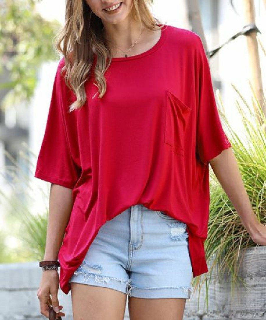 Women * | Best Deal 42Pops Dark Red Scoop Neck Pocket Oversize Boyfriend Tee Women