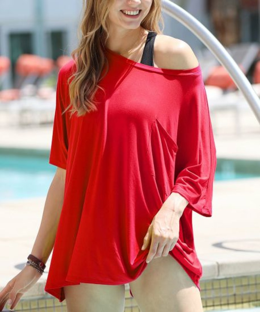 Women * | Best Deal 42Pops Dark Red Scoop Neck Pocket Oversize Boyfriend Tee Women