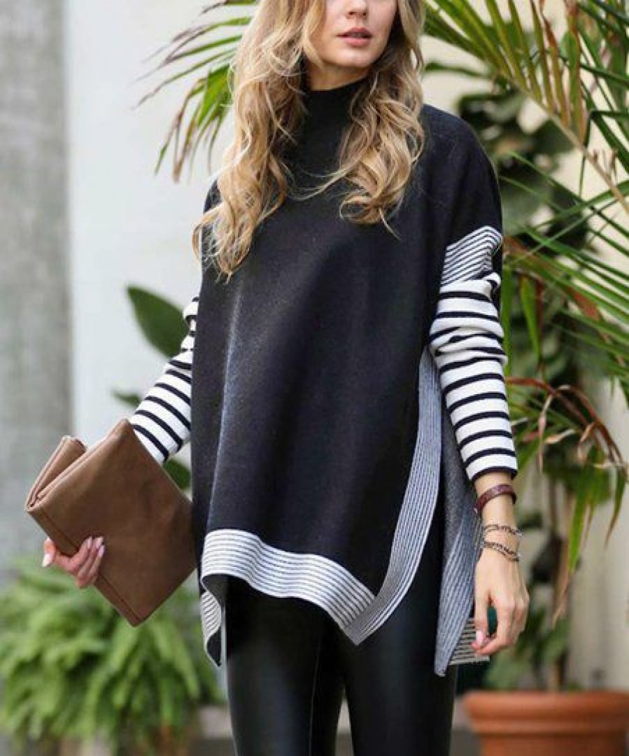 Women * | Wholesale 42Pops Charcoal Stripe-Side Mock Neck Hi-Low Sweater Women