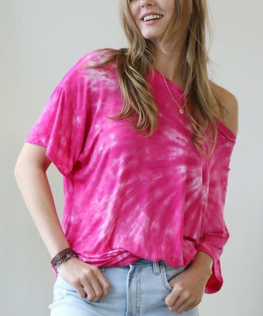 Other * | Brand New 42Pops Hot Pink Tie-Dye Drop Shoulder Crewneck Short-Sleeve Oversize Tee Women