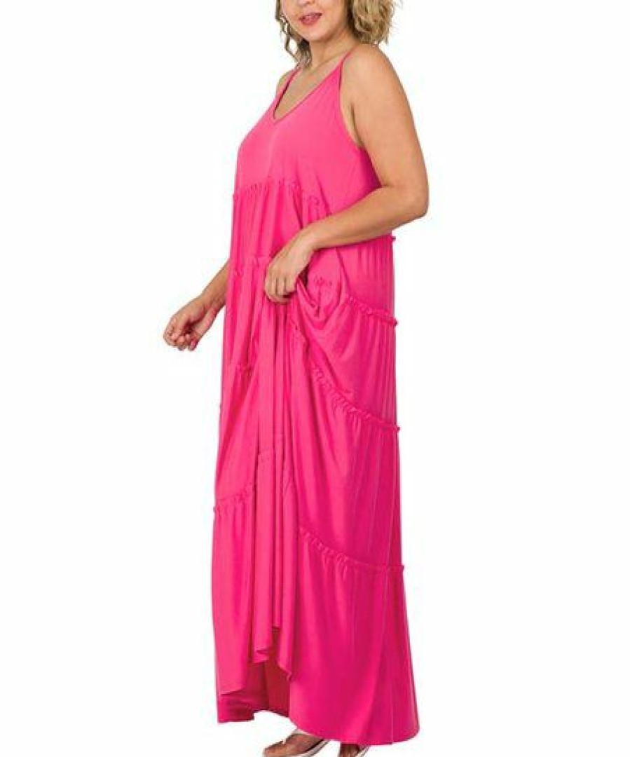 Women * | Discount 42Pops Fuchsia V-Neck Sleeveless Pocket Tiered Maxi Dress Plus