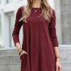 Women * | Best Reviews Of 42Pops Dark Burgundy Boatneck Long-Sleeve Pocket Tunic Women