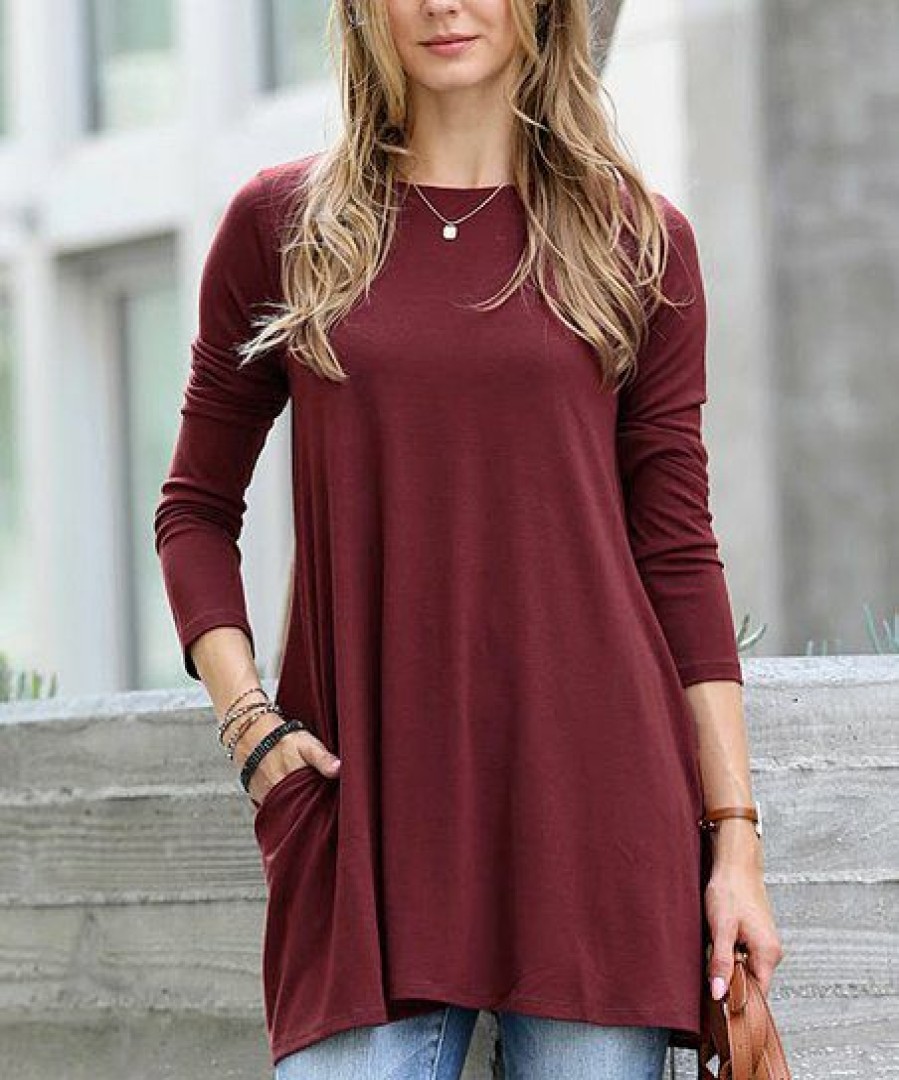 Women * | Best Reviews Of 42Pops Dark Burgundy Boatneck Long-Sleeve Pocket Tunic Women