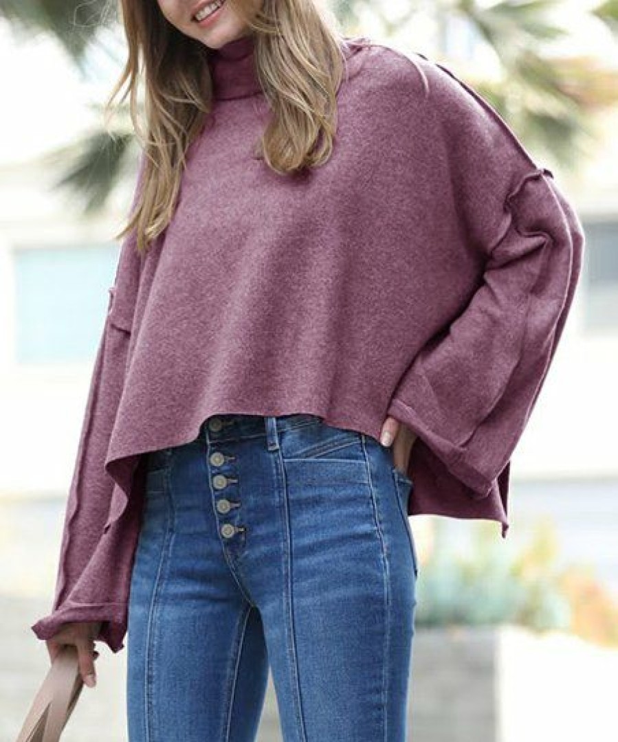 Women * | Brand New 42Pops Eggplant Melange Seam Crewneck Wide-Sleeve Slit-Hem Sweater Women