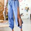 Women * | Cheap 42Pops Blue Washed Elastic-Waist Deep-Side-Slit Denim Joggers Women