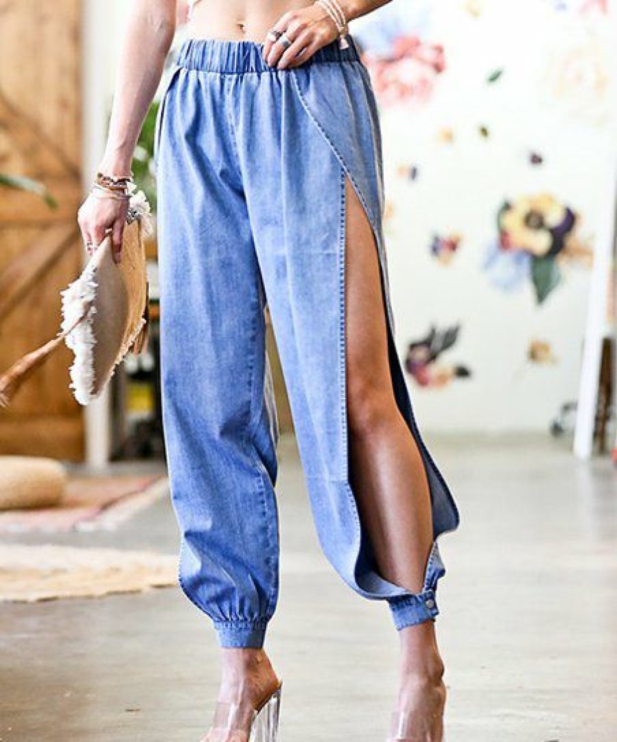 Women * | Cheap 42Pops Blue Washed Elastic-Waist Deep-Side-Slit Denim Joggers Women