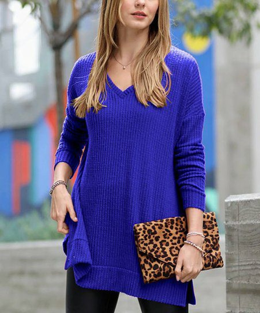 Women * | Wholesale 42Pops Bright Blue Slit-Hem V-Neck Long-Sleeve Sweater Women