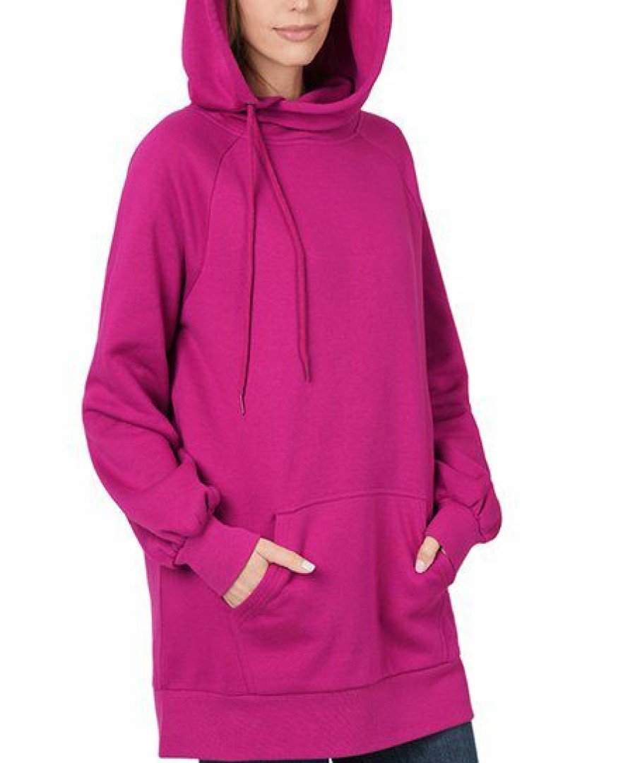 Women * | New 42Pops Magenta Tie-Neck Longline Hoodie Women