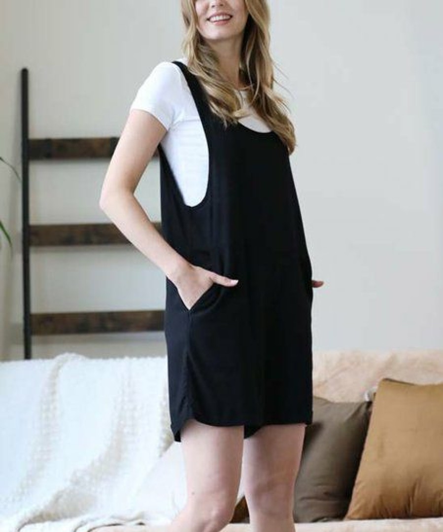 Women * | Cheap 42Pops Black Linen-Blend Sleeveless Pocket Romper Women