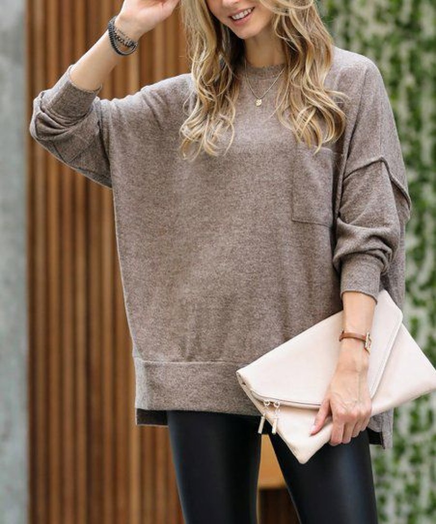 Women * | New 42Pops Mocha Oversize Crewneck Drop-Shoulder Sweater Women