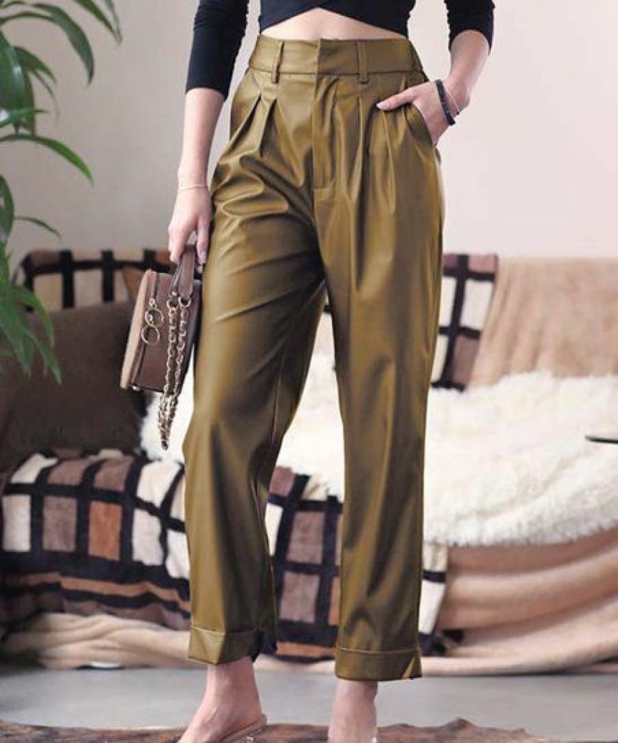 Women * | Cheap 42Pops Dusty Olive Front-Pleat Faux Leather Straight-Leg Pants Women