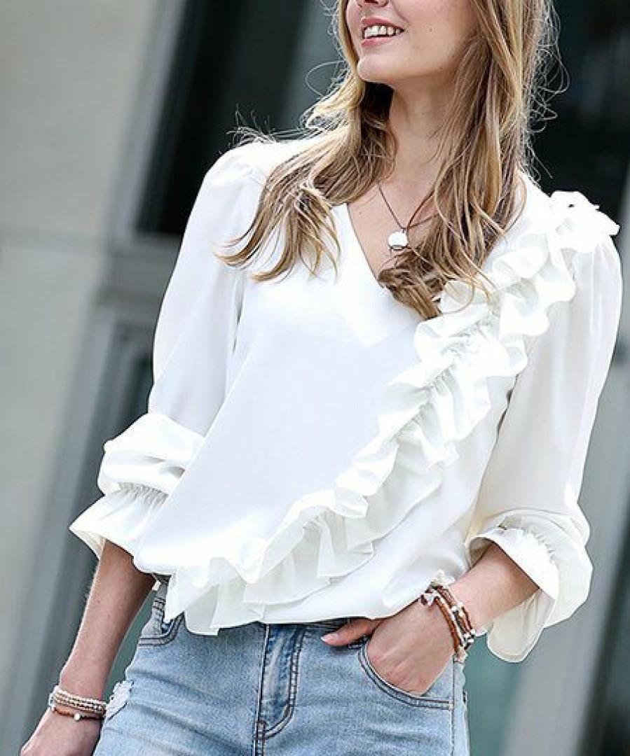 Other * | Flash Sale 42Pops Off-White Ruffle V-Neck Puff-Sleeve Top Women