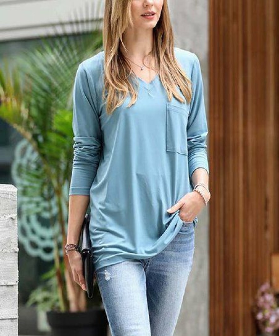 Women * | New 42Pops Blue Gray V-Neck Long-Sleeve Pocket Top Women