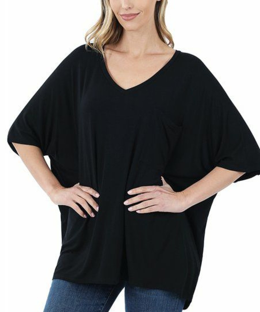 Women * | Budget 42Pops Black V-Neck Luxe Oversize Pocket Top Women