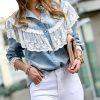 Women * | Wholesale 42Pops Light Blue & White Lace-Trim Denim Button-Up Women