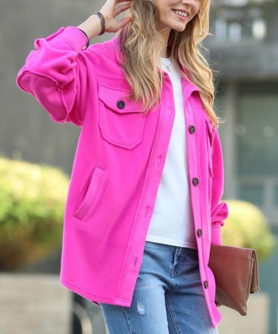 Women * | Discount 42Pops Neon Hot Pink Pocket Button-Up Fleece Shacket Women