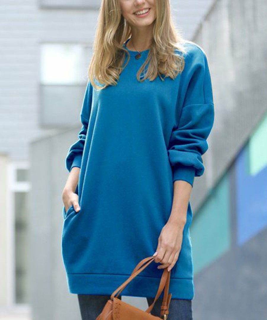 Women * | Promo 42Pops Teal Crewneck Long-Sleeve Pocket Oversize Sweatshirt Tunic Women