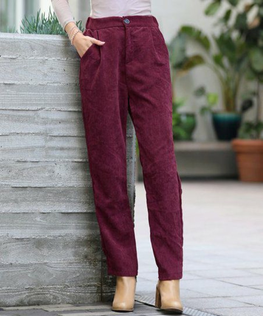 Women * | New 42Pops Dark Burgundy Corduroy Pocket High-Waist Pants Women