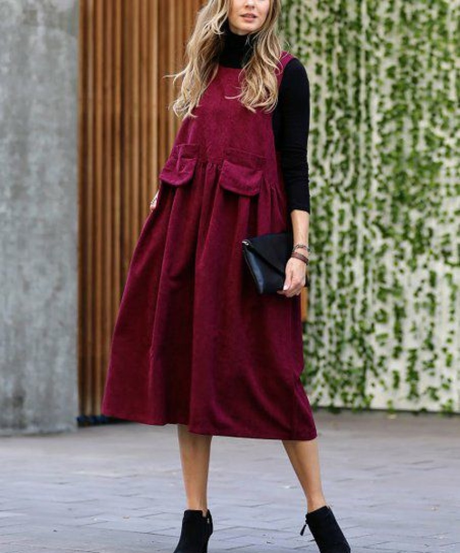 Women * | Budget 42Pops Dark Burgundy Corduroy Square Neck Sleeveless Pocket Midi Dress Women