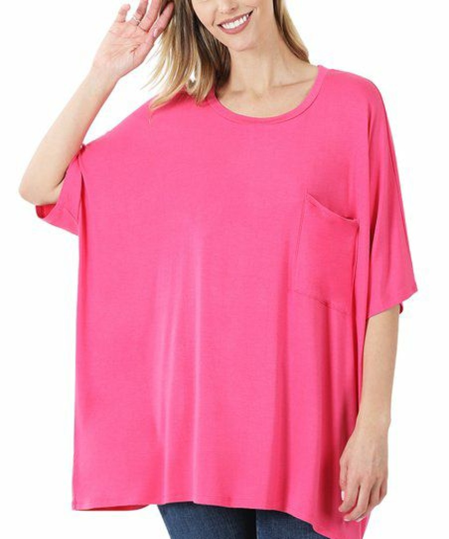 Other * | Coupon 42Pops Fuchsia Scoop-Neck Cape-Sleeve Pocket Oversize Tee Women