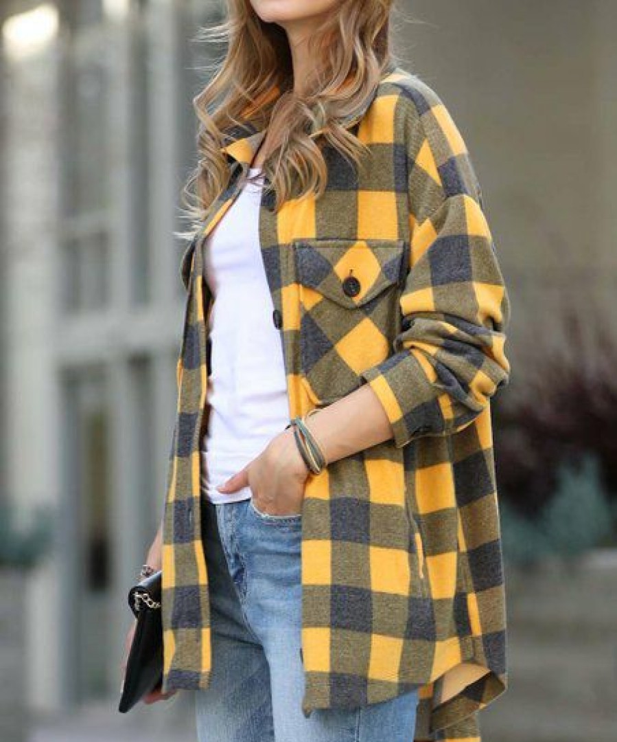 Women * | Flash Sale 42Pops Mustard & Black Plaid Pocket Button-Up Shacket Women