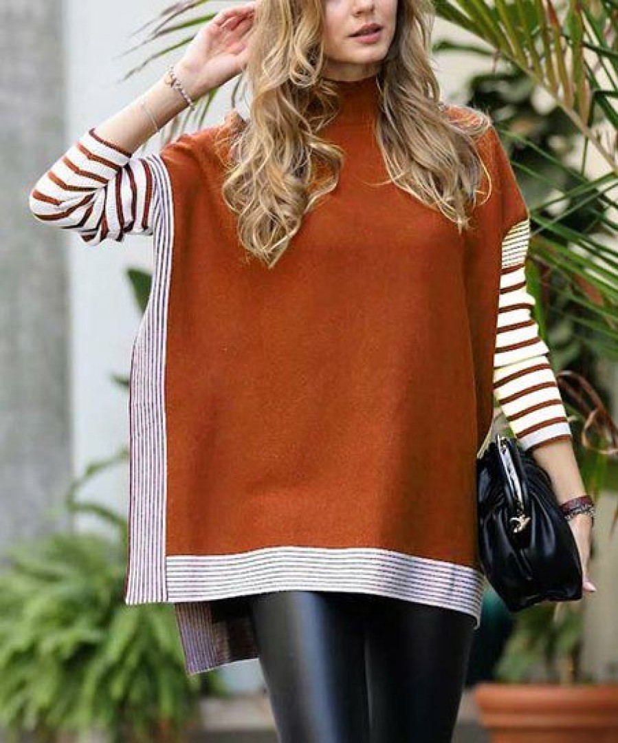 Women * | Budget 42Pops Butter Orange Stripe-Side Mock Neck Hi-Low Sweater Women