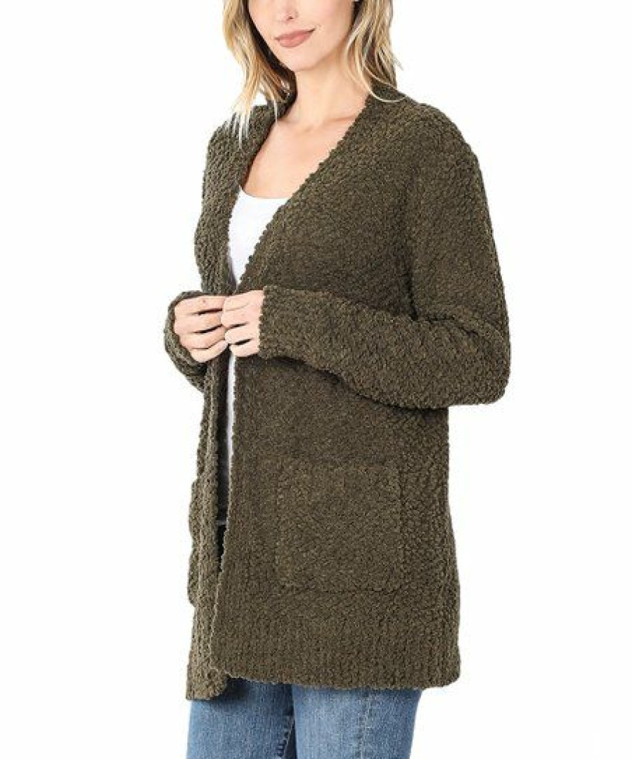 Women * | Flash Sale 42Pops Dark Olive Popcorn Bishop-Sleeve Open Pocket Cardigan Women