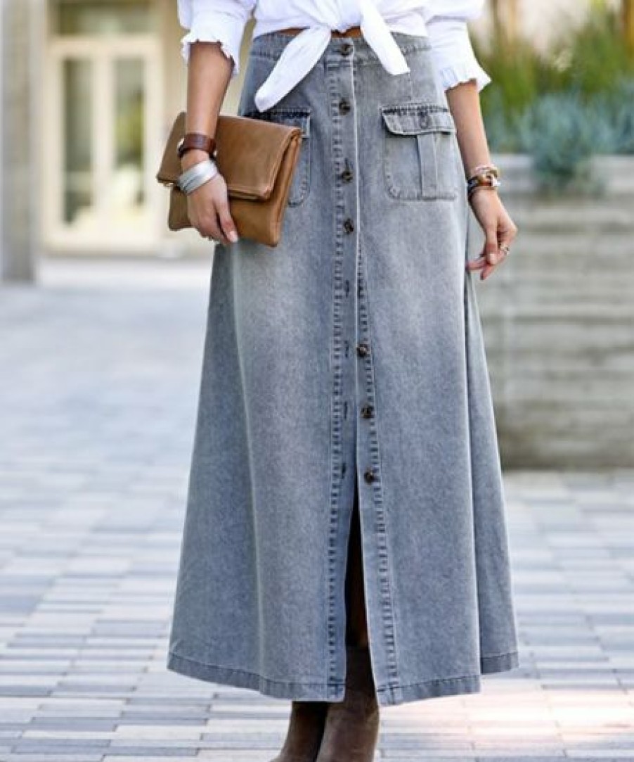 Women * | Cheapest 42Pops Gray Denim Button-Down Pocket Maxi Skirt Women