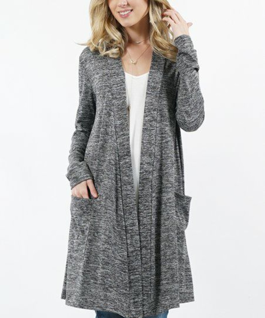 Women * | Cheapest 42Pops Heather Black Long-Sleeve Open Cardigan Women