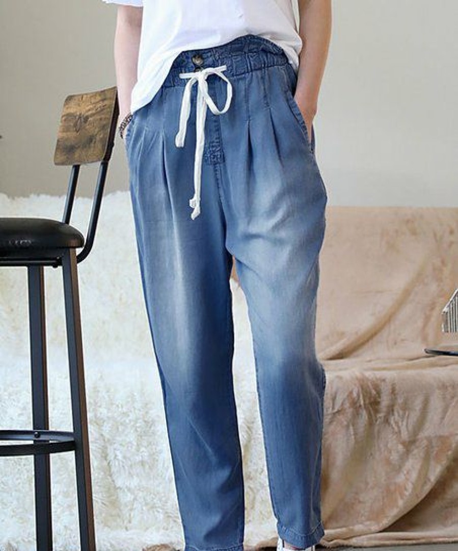 Women * | Hot Sale 42Pops Dark Chambray Drawstring-Waist Pocket Paper Bag Pants Women