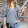 Women * | Cheapest 42Pops Heather Gray Distressed Drop-Shoulder V-Neck Oversize Sweater Women